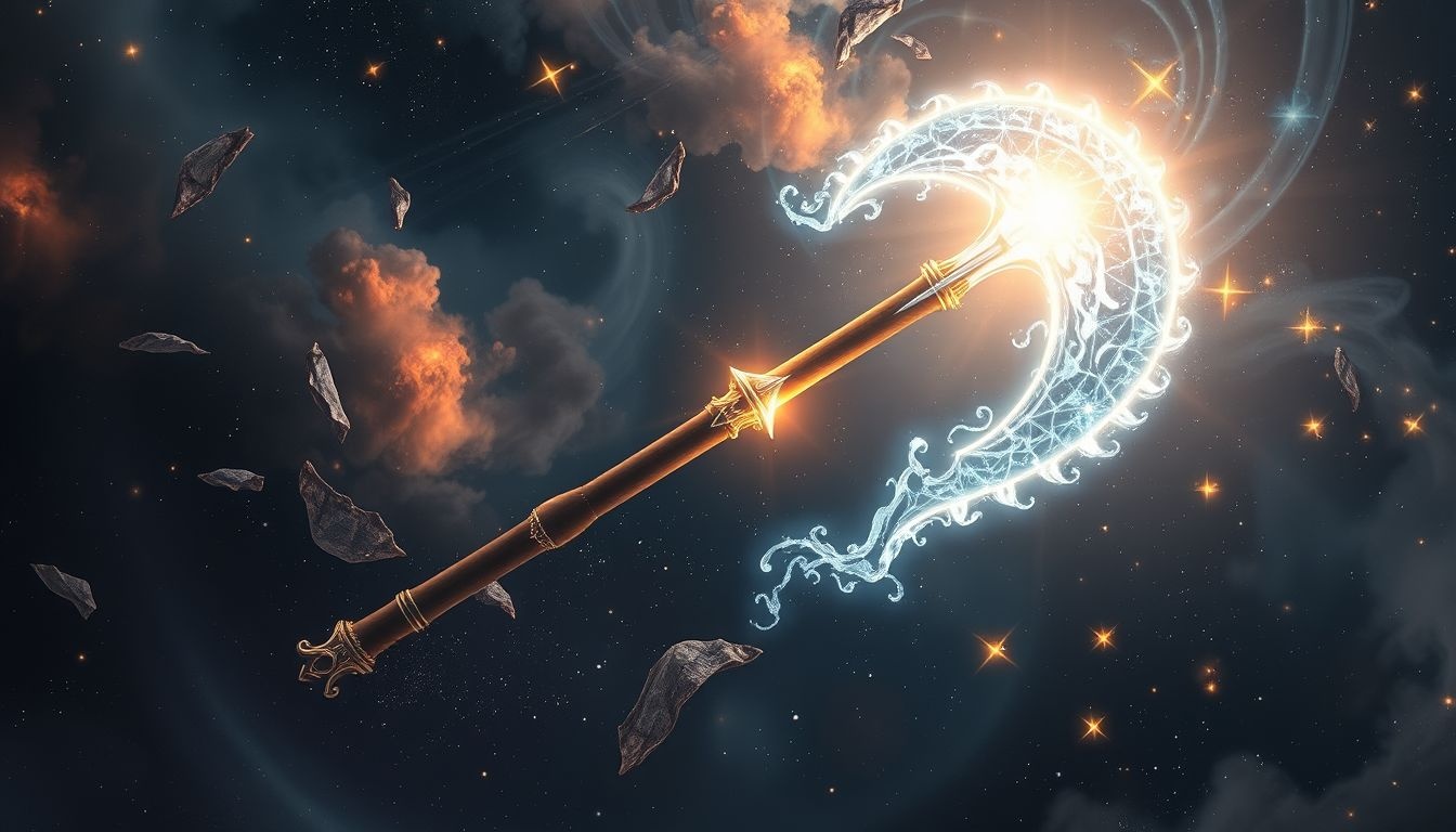 Een glanzende oorlogsbijl symboliseert kracht en ontdekking van jezelf.