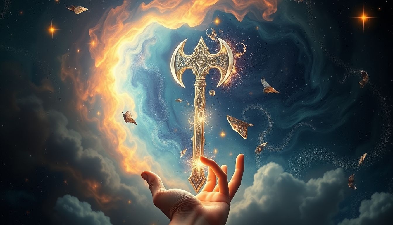 Het vasthouden van een oorlogsbijl symboliseert innerlijke strijd en kracht.