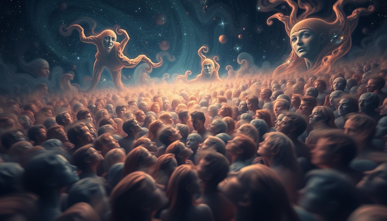 Een overvolle volkskamer symboliseert innerlijke chaos en verlies van zelfexpressie.