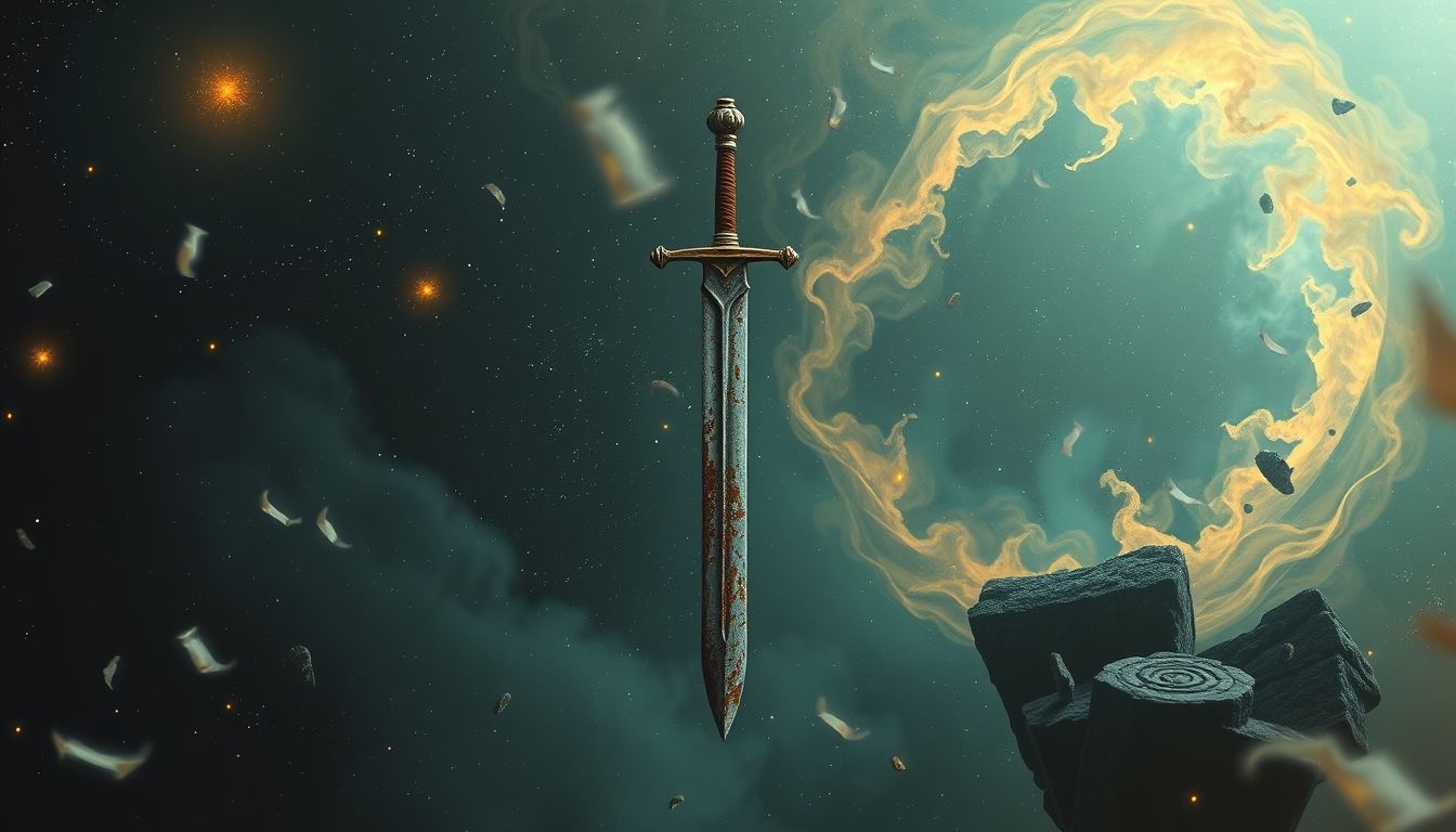 Een verroest zwaard symboliseert ongebruikte kracht of vergeten verleden.