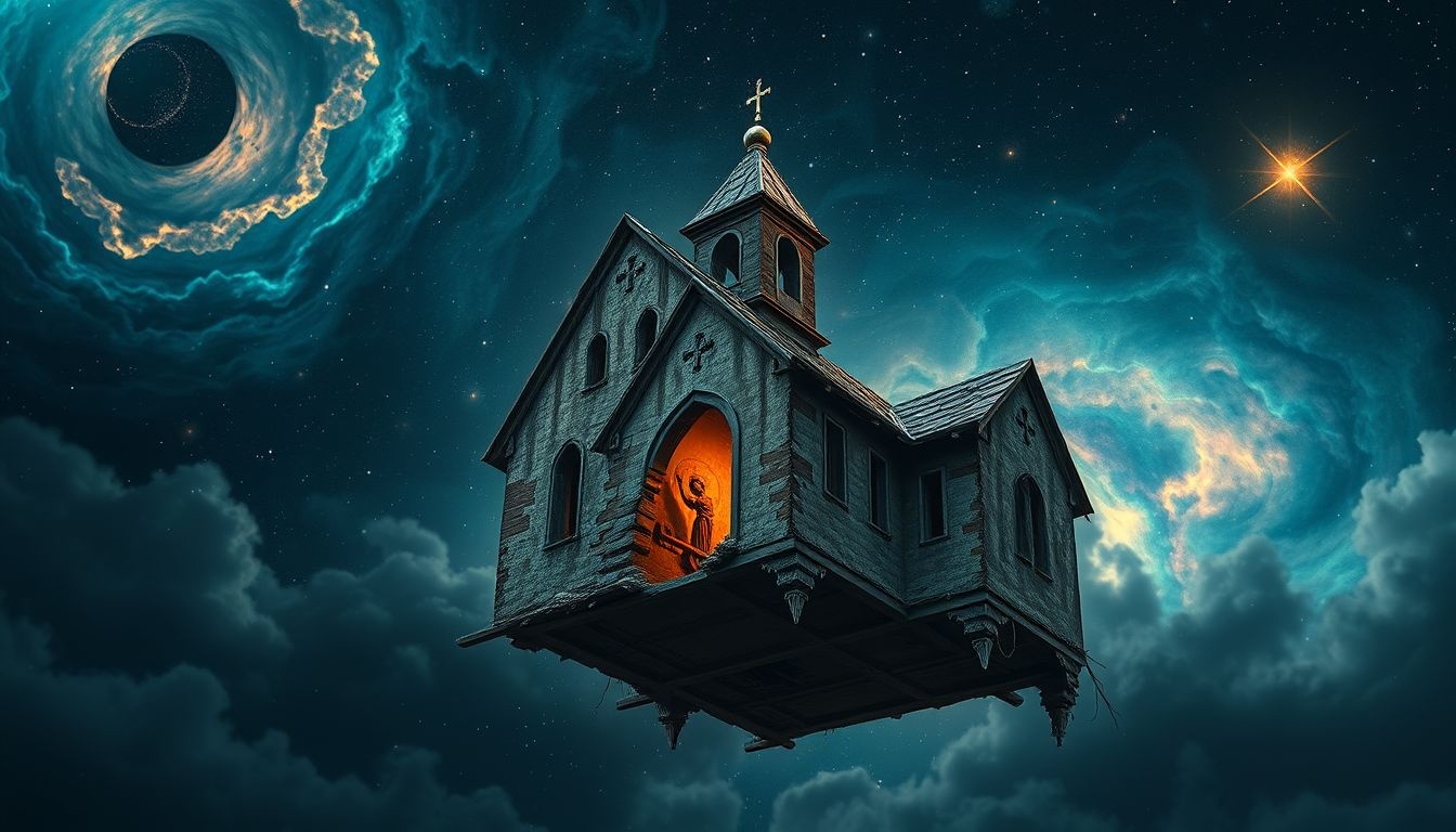 Een vervallen orthodoxe kerk symboliseert verlies van spirituele verbondenheid.