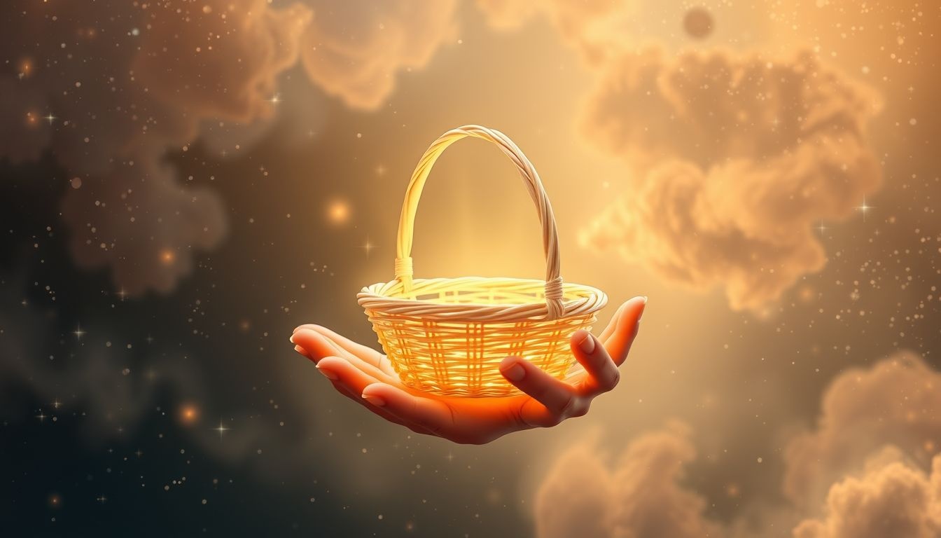 Een mand met handvat cadeau symboliseert het geven van zorg en steun.