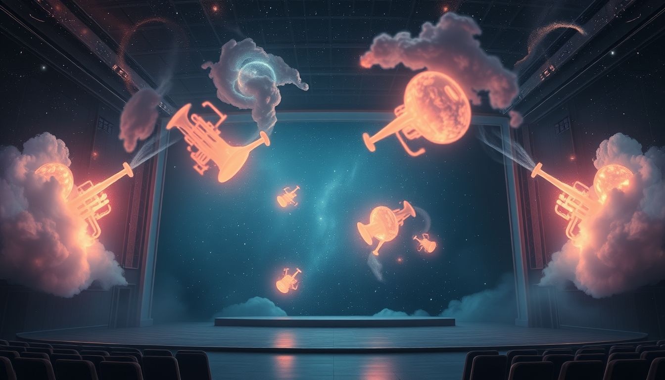 Trompet spelen in leeg theater symboliseert innerlijke expressie zonder publiek.