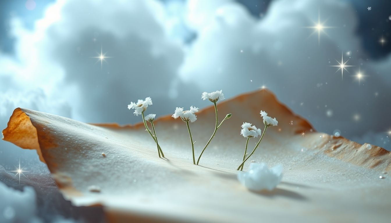 Vorstbloemen op oude brieven symboliseren herinneringen en vergankelijkheid.