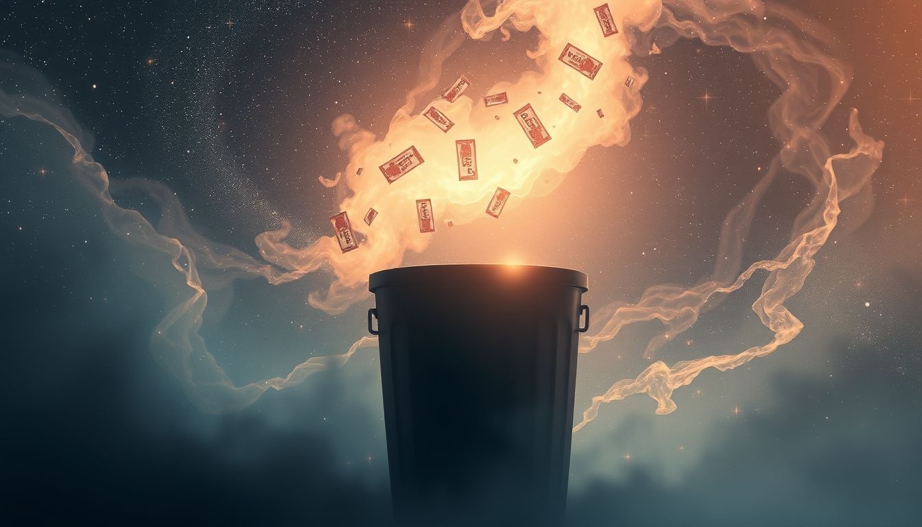 Het vinden van coupons in de prullenbak symboliseert gemiste kansen.