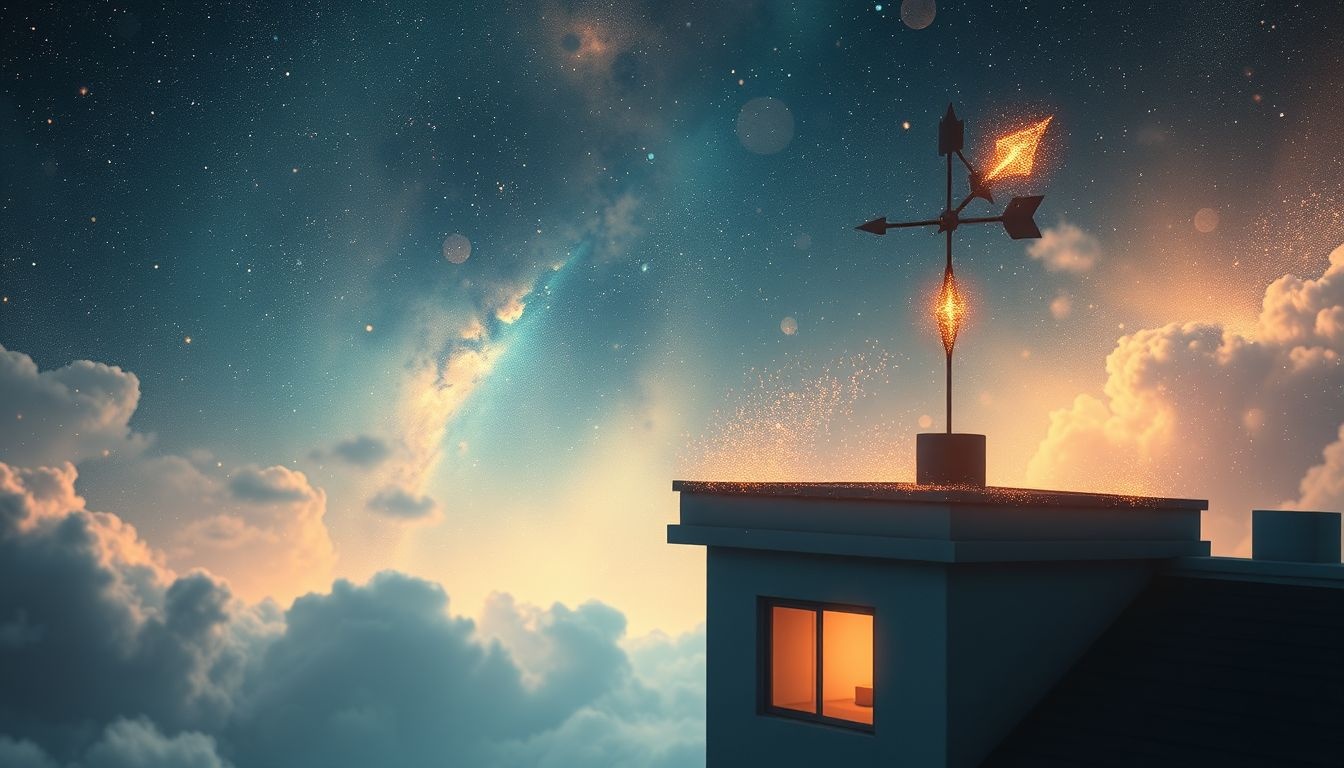 Een windwijzer op een dakhoek symboliseert richting en verandering.