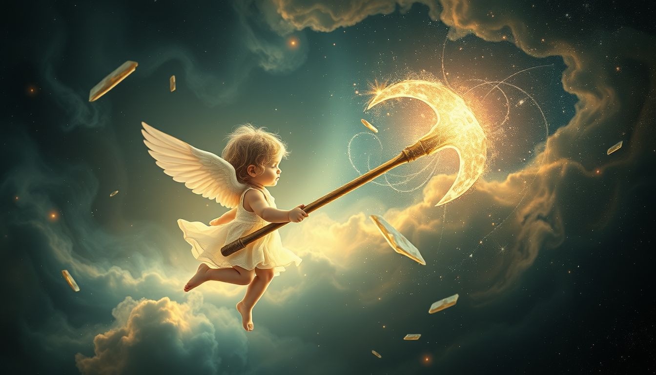 Een oorlogsbijl in kinderhand symboliseert verloren onschuld en conflict.