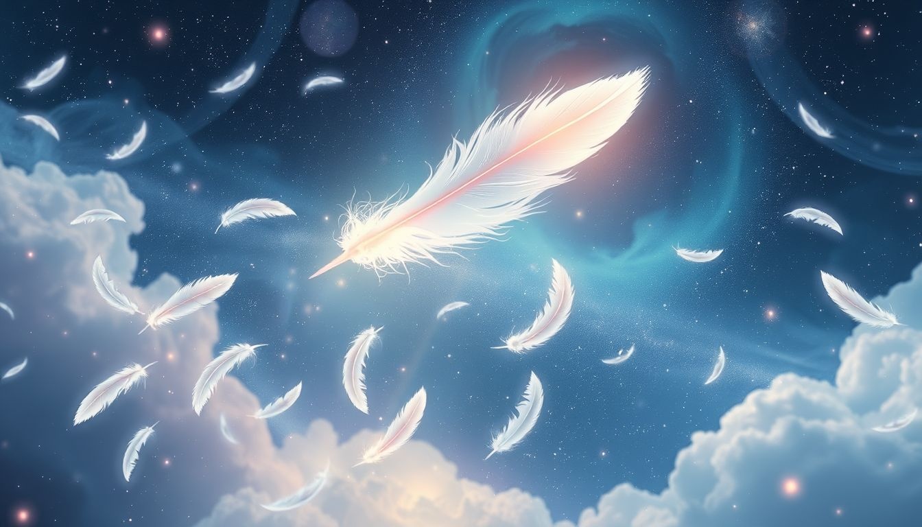 Een regen van witte veren symboliseert spirituele zuivering en vrede.