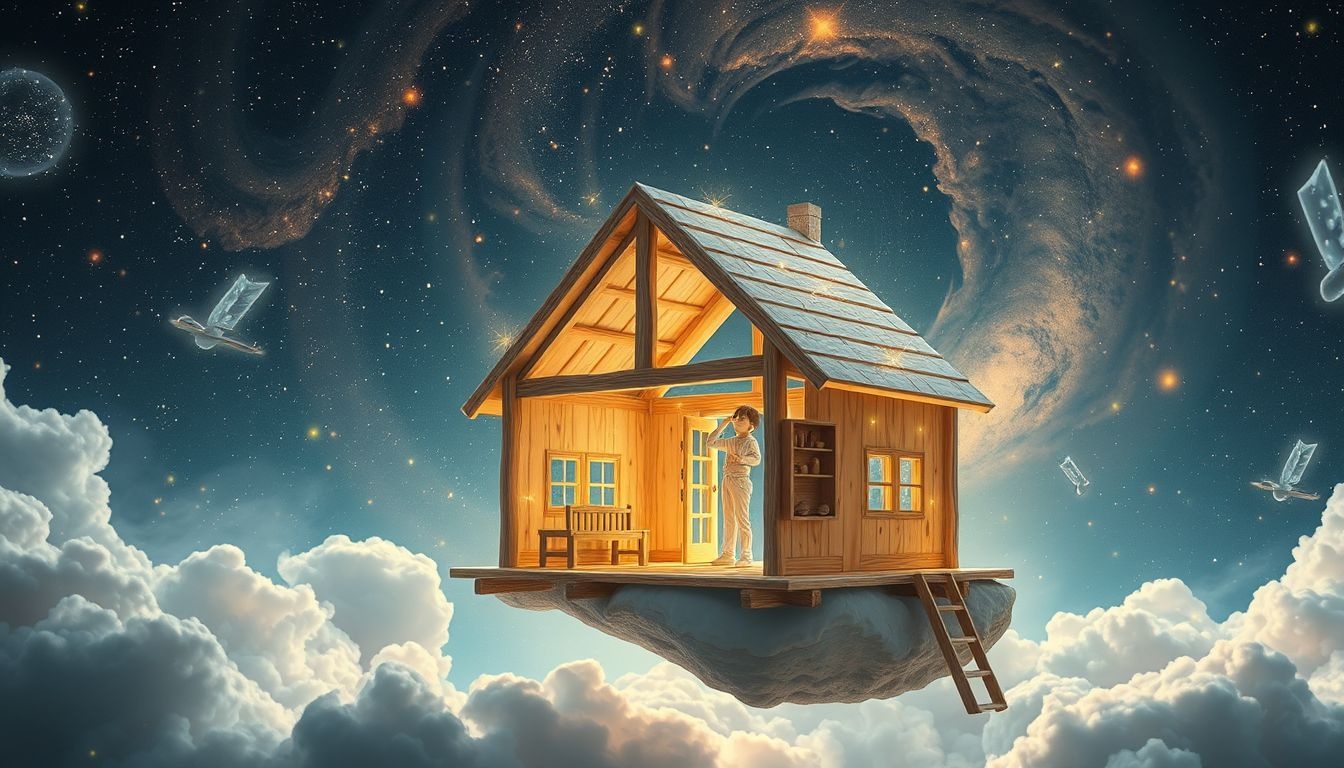 Een timmerman bouwt speelhuisjes als symbool voor creativiteit en jeugd.