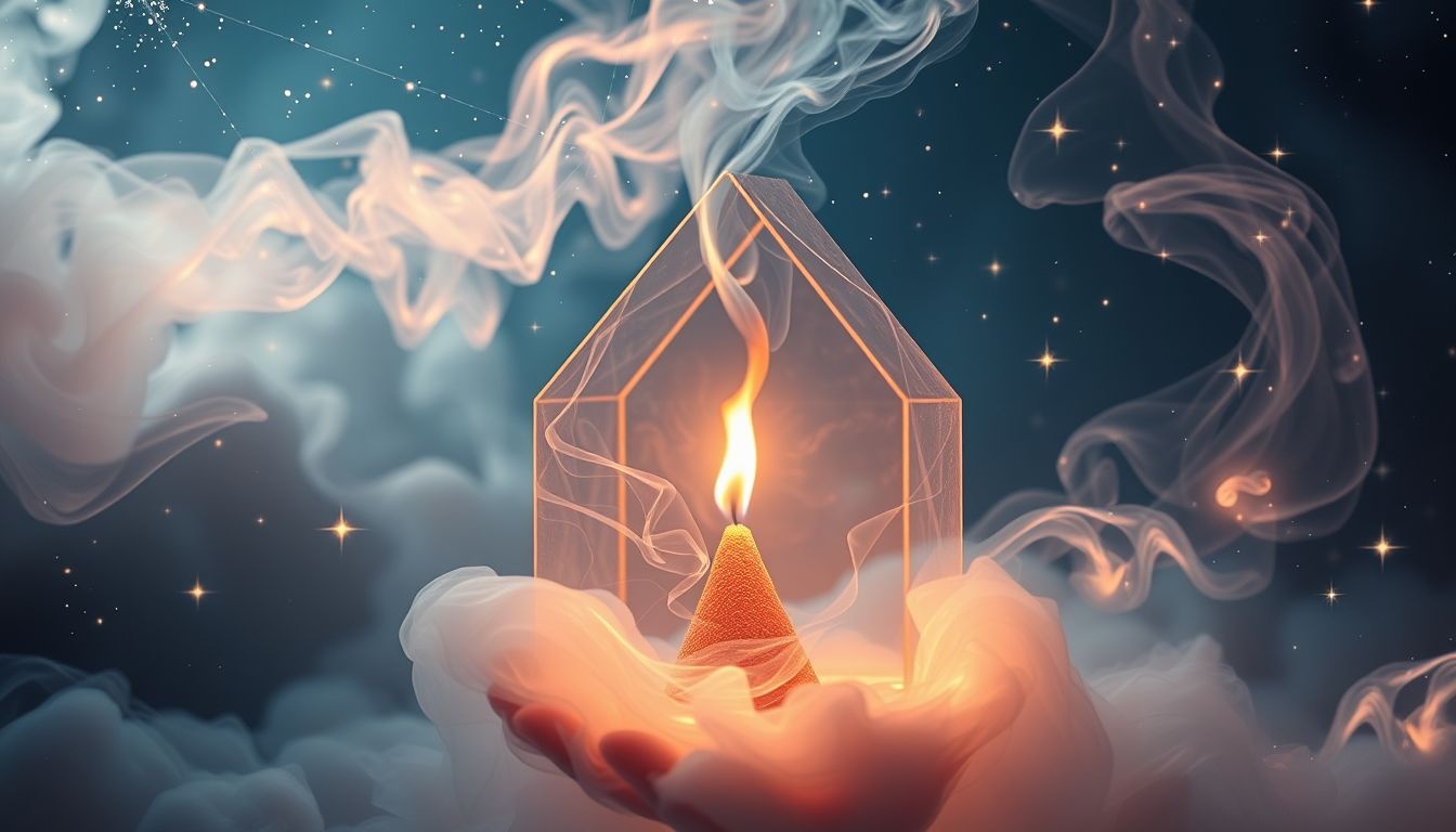 Een brandende wierookkegel symboliseert innerlijke rust en spirituele zuivering.