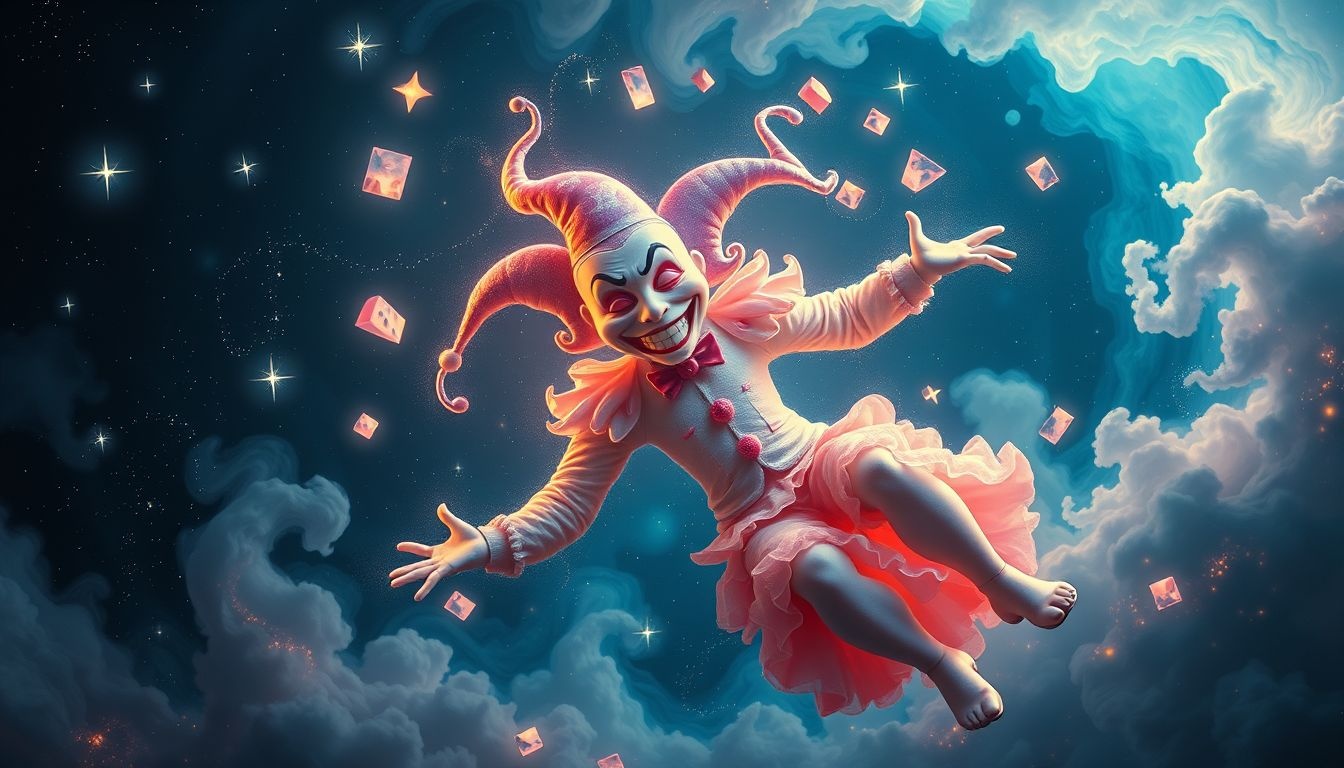 Een lachtende joker symboliseert verborgen onzekerheden en zelfspot.