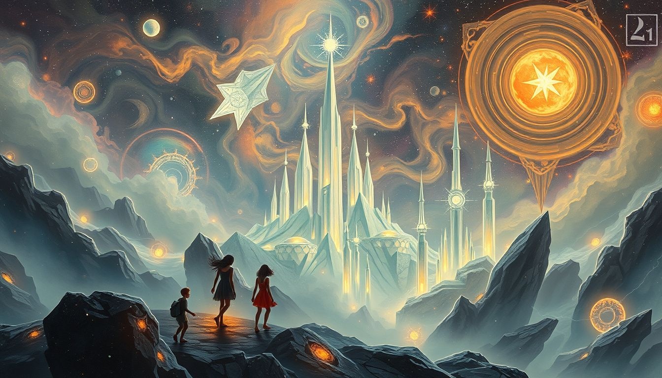 Een team van drie ontdekt verborgen steden symboliseert samenwerking en ontdekking.