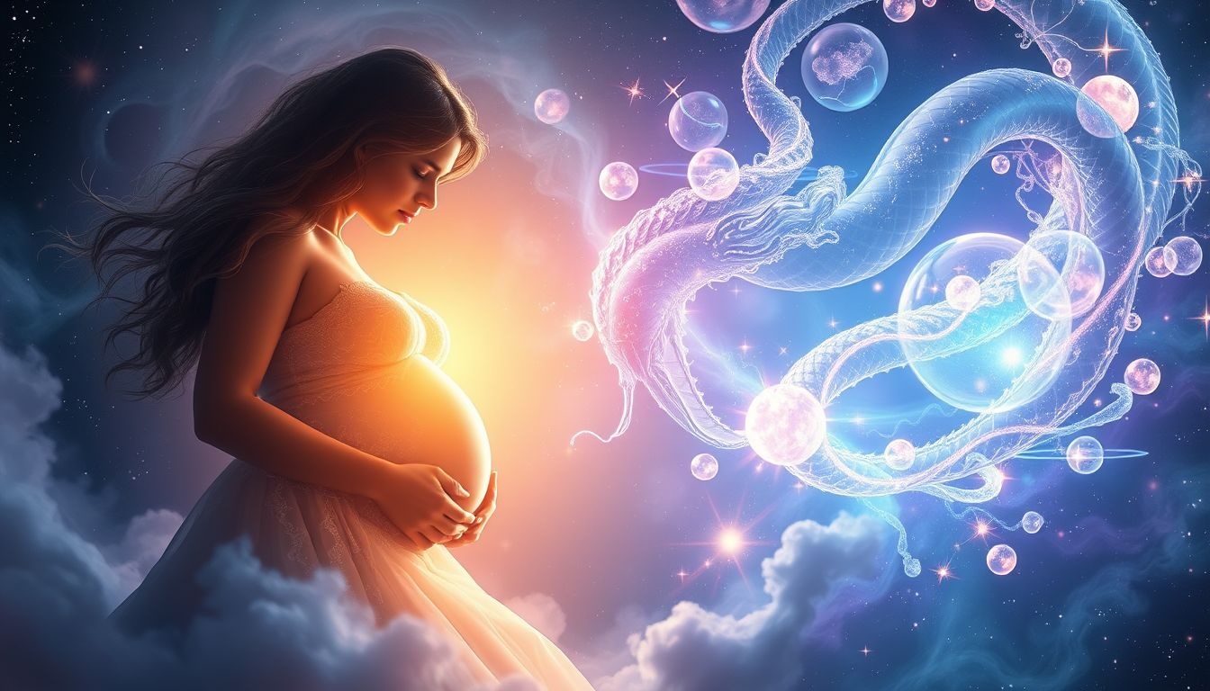 Een zwangere vrouw die een slang doodt, symboliseert bescherming en nieuwe beginnen.