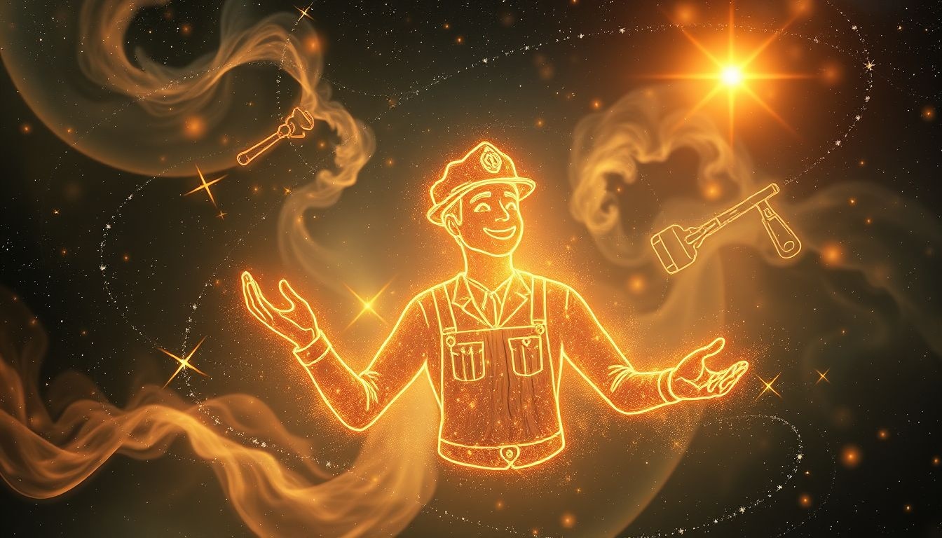 Een lachende timmerman symboliseert geluk en succesvolle projecten.