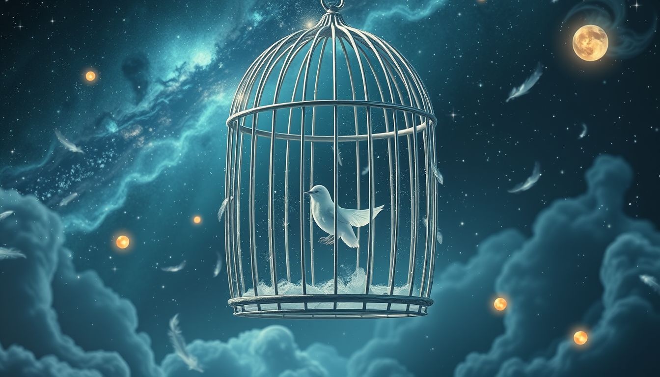 Een vogel in grote kooi symboliseert gevoel van gevangen vrijheid.
