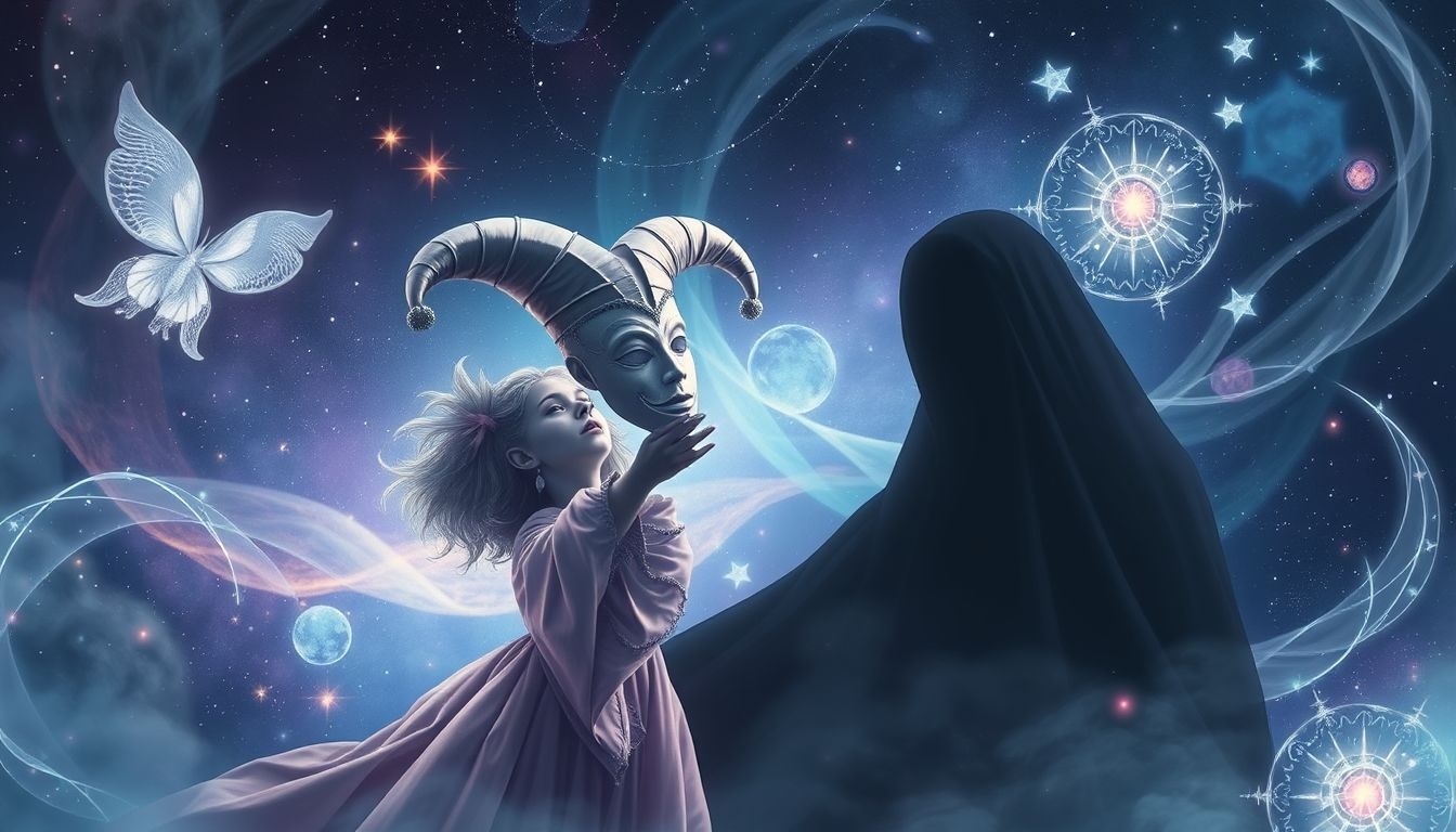 Een joker met masker symboliseert verborgen waarheden en zelfbescherming.