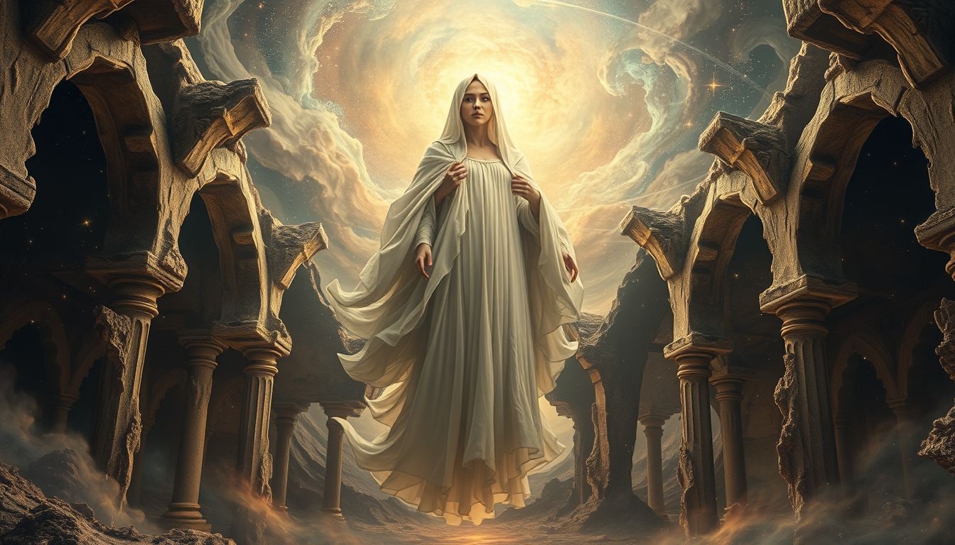 Een vervallen klooster symboliseert verloren spiritualiteit en innerlijke strijd.