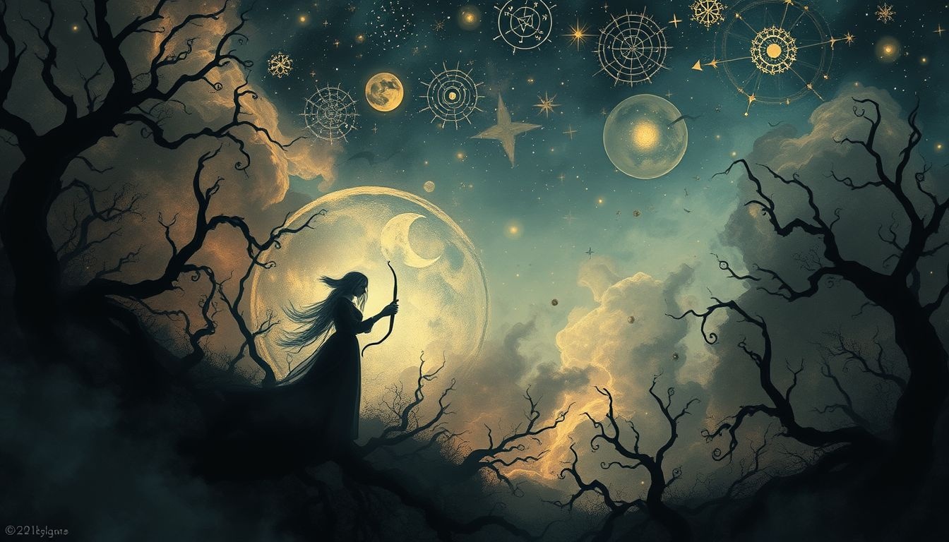 Een oude heks in donker bos symboliseert verborgen angsten en mysterie.