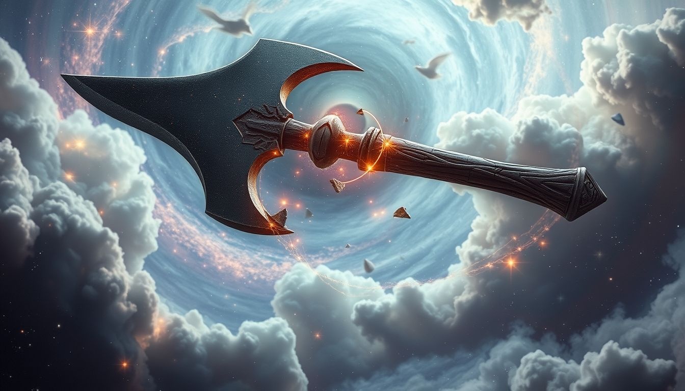 Een gebroken oorlogsbijl symboliseert verbroken conflicten of innerlijke strijd.