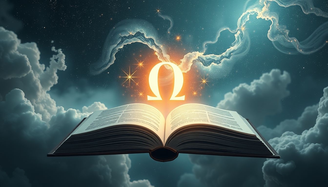 Een omega-teken in een boek symboliseert het einde van kennis.