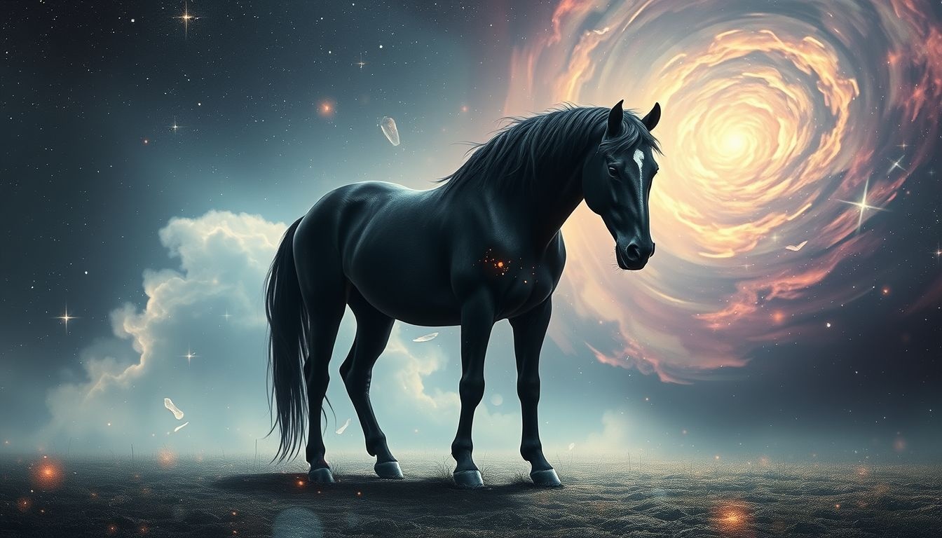 Een zwart gewond paard symboliseert innerlijke strijd en kwetsbaarheid.