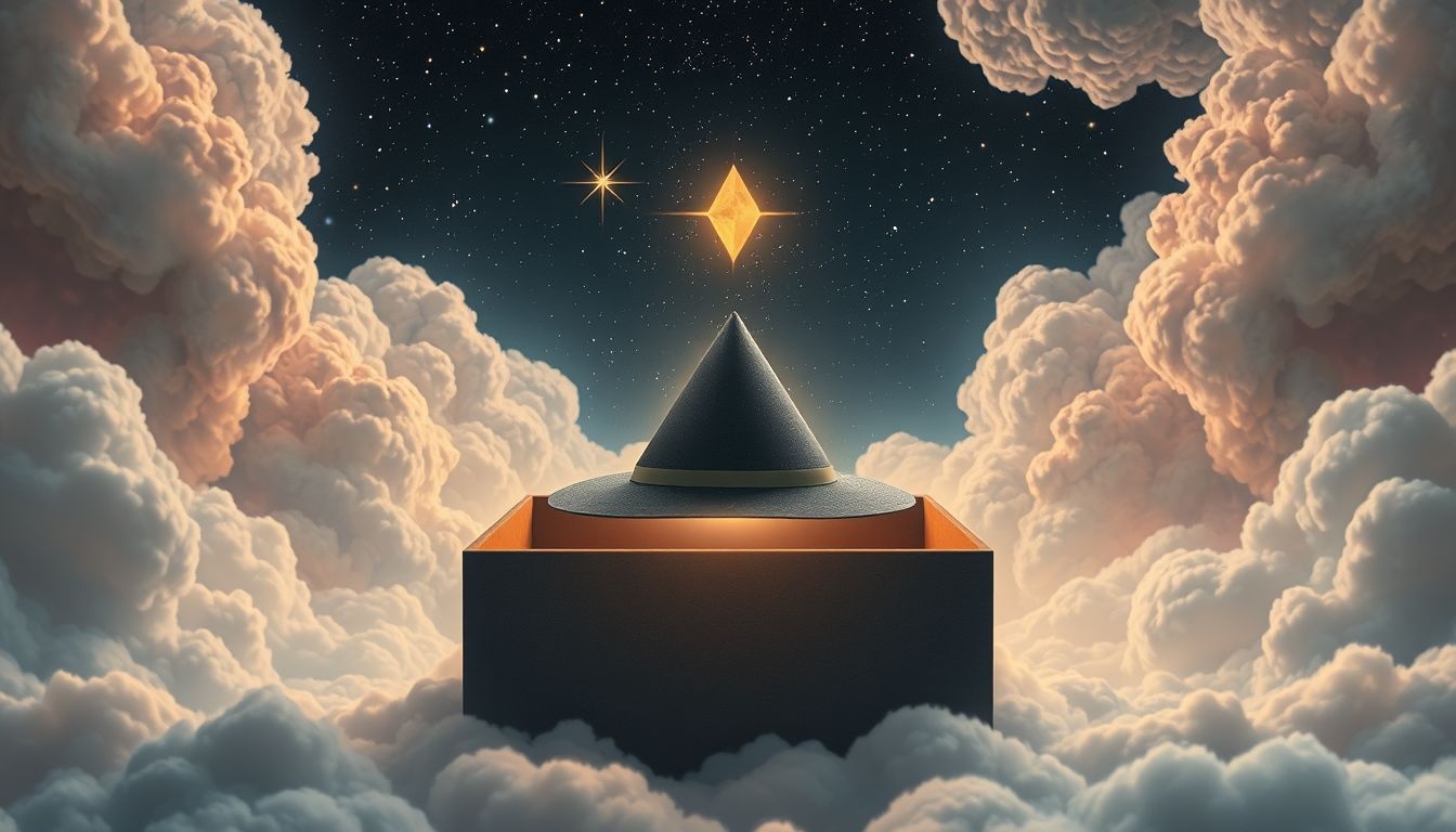 Een driekante hoed in een kist symboliseert verborgen macht en mysterie.