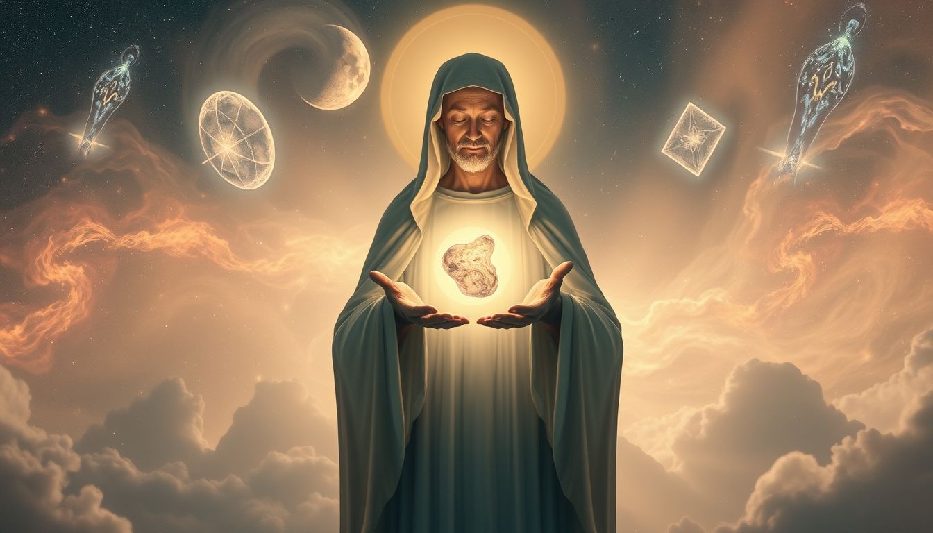 Een heilige die een object geeft symboliseert spirituele leiding.