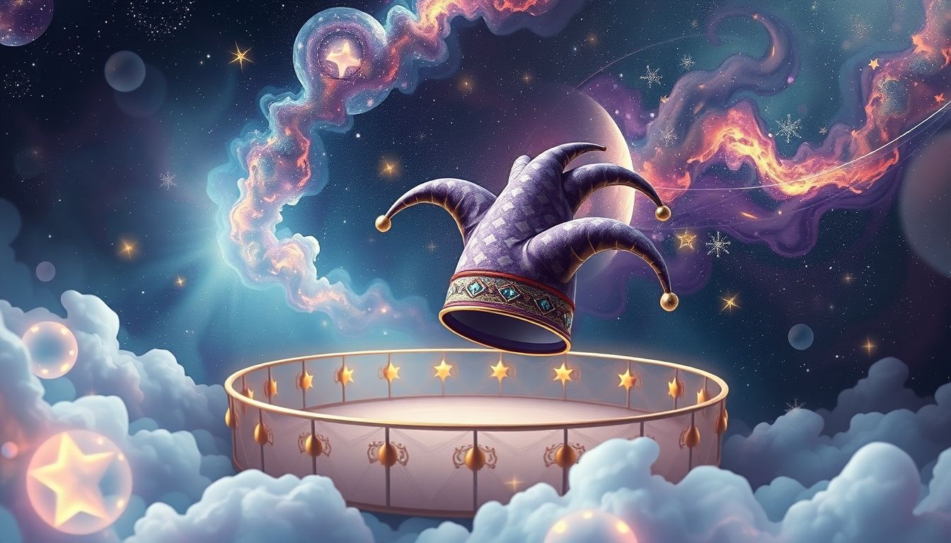 Een narrenkap in een circus symboliseert speelsheid en verborgen waarheid.