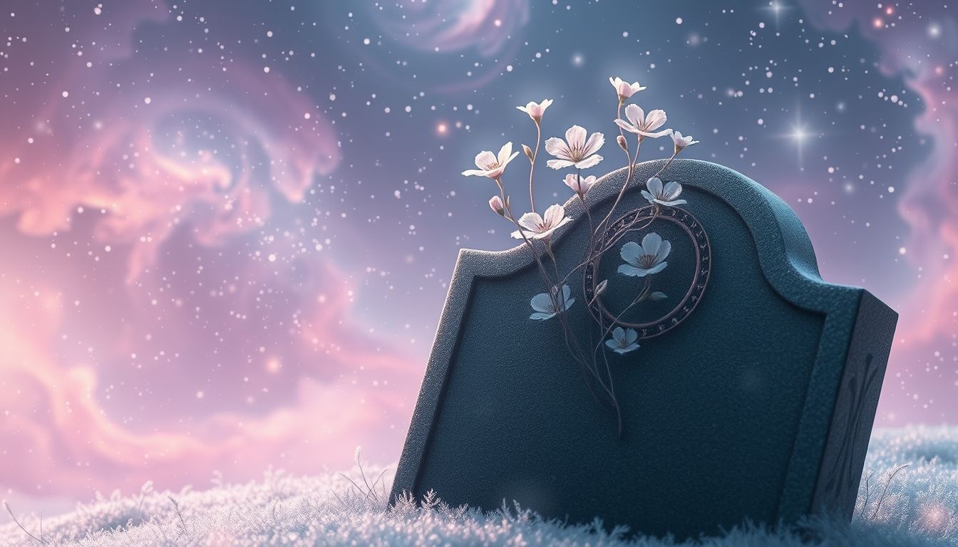 Vorstbloemen op grafsteen symboliseren vaak herinnering en vergankelijkheid.