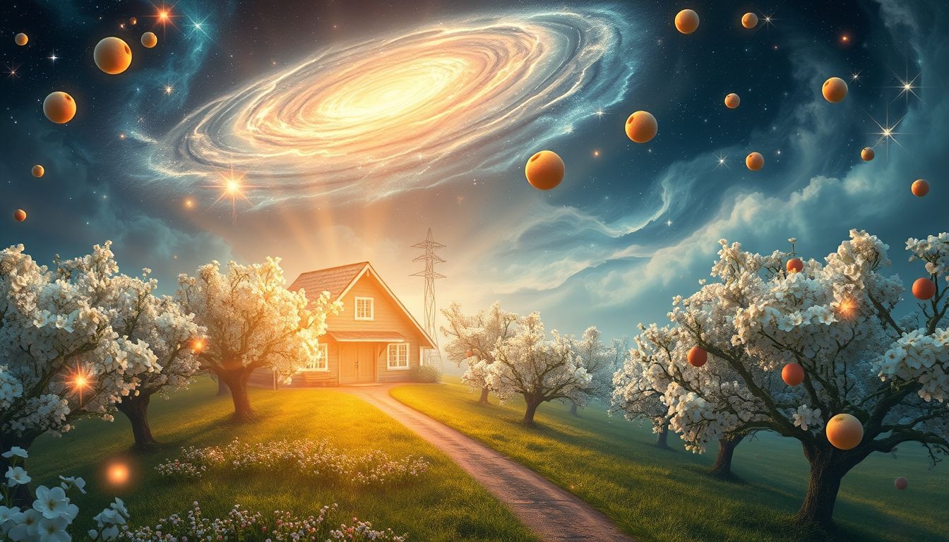 Een bloeiende boomgaard symboliseert overvloed en nieuw levenspotentieel.