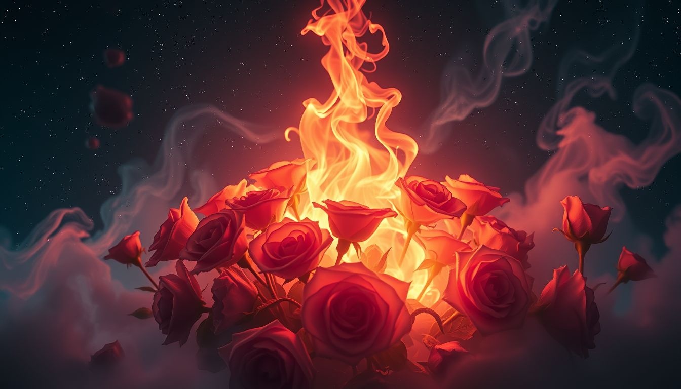 Een brandende rozengaard symboliseert intens innerlijk conflict en verlies.