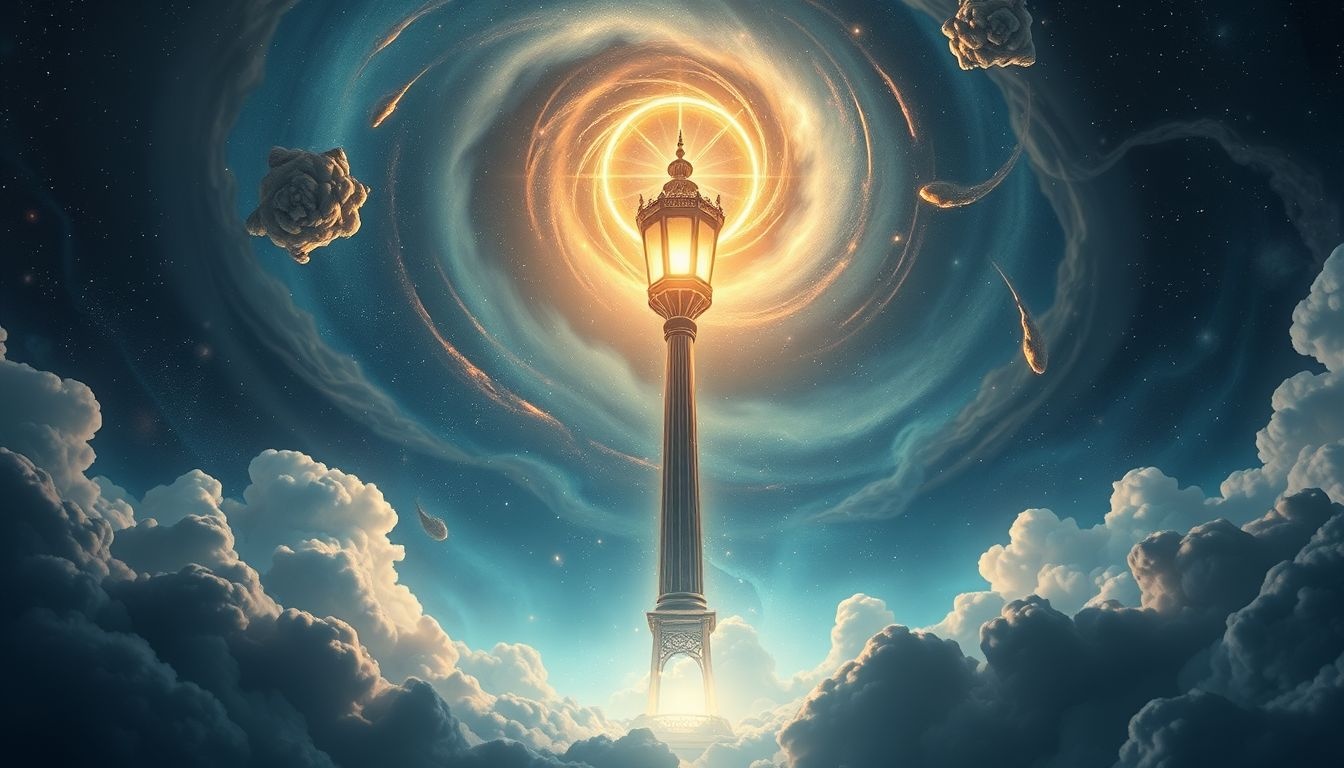 Een gigantische lantaarnpaal symboliseert kracht en helder inzicht.