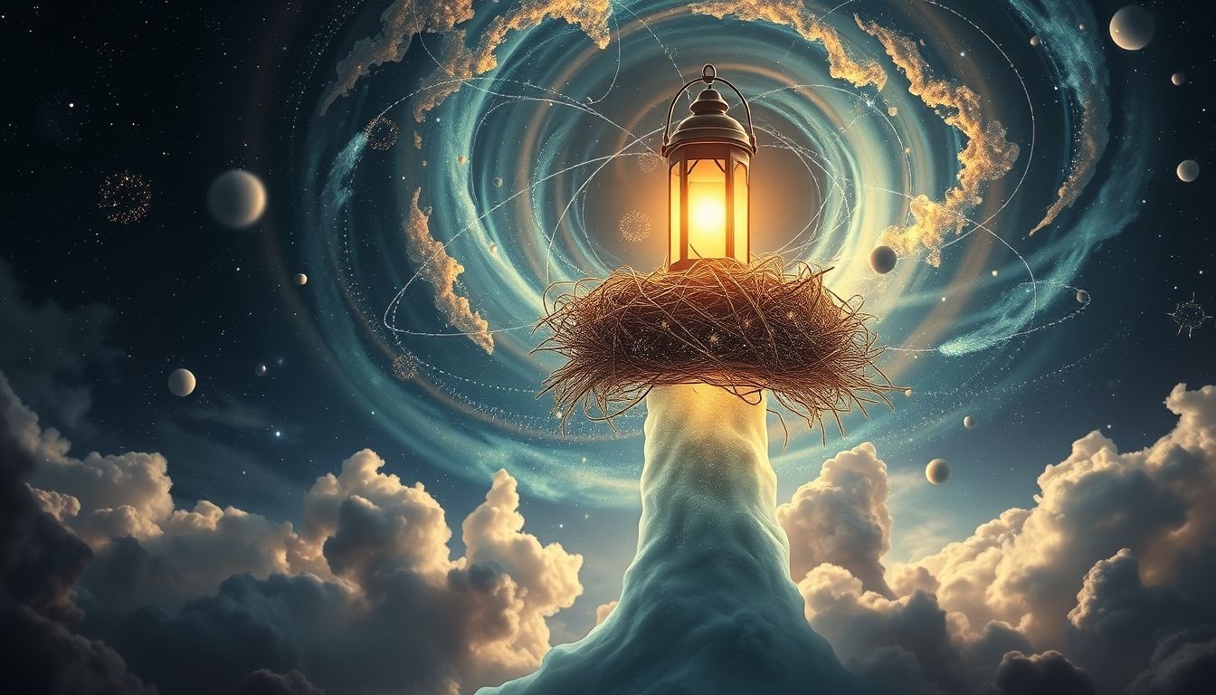 Een nest op een lantaarnpaal symboliseert nieuwe kansen en bescherming.