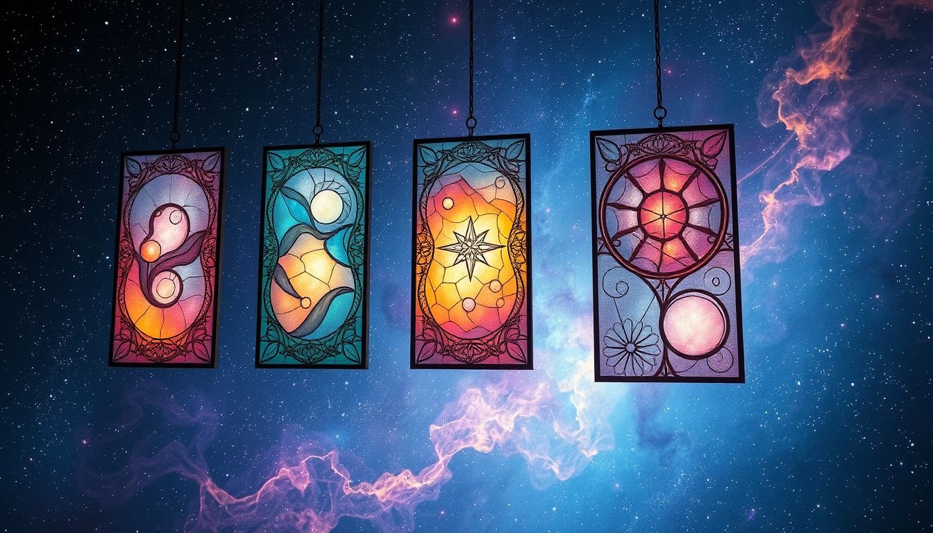 Verschillende loodglasramen symboliseren bescherming, geheimen en innerlijke kracht.