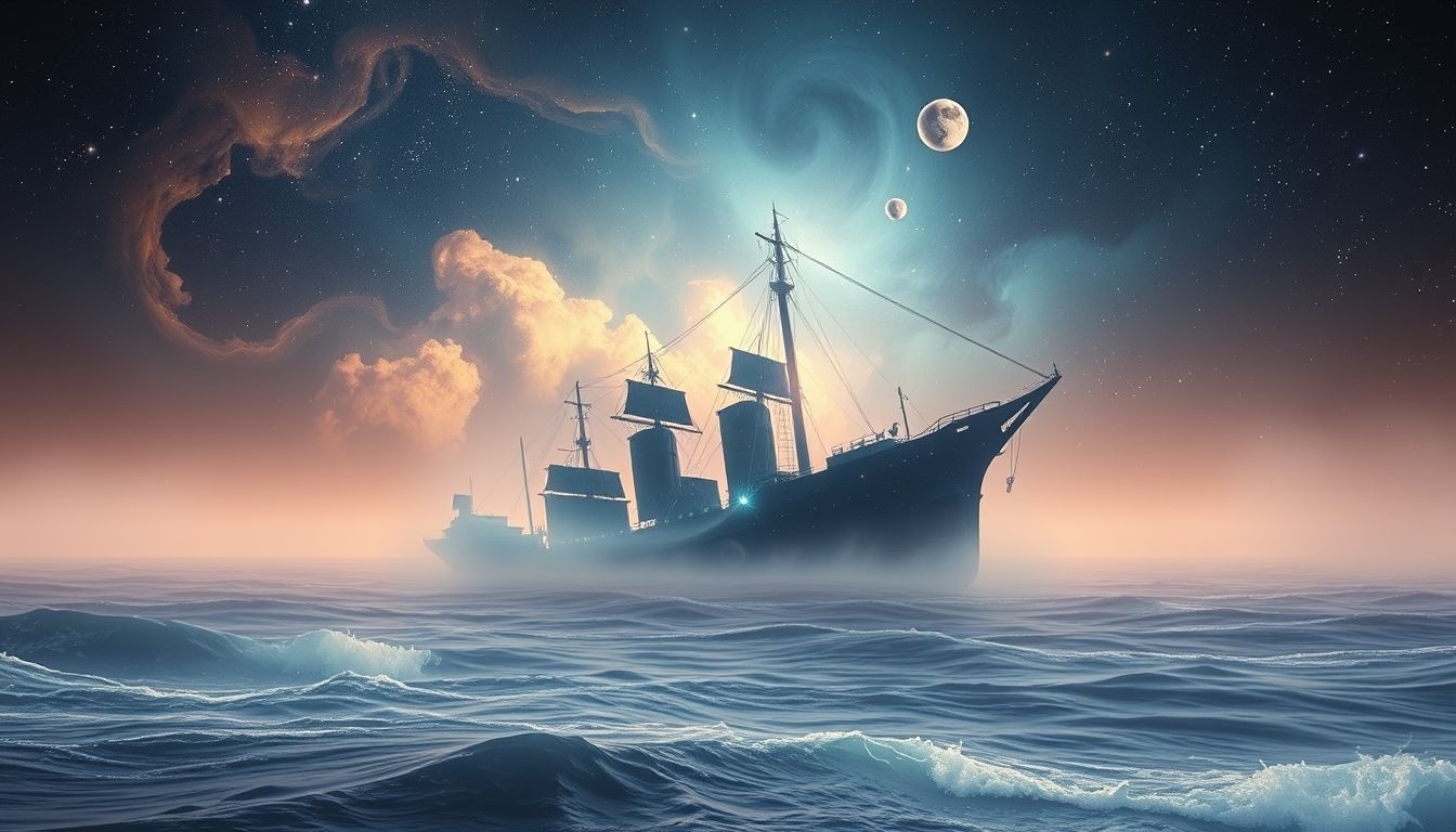 Een schipbreuk vanaf de kust symboliseert afstand tot persoonlijke crisis.