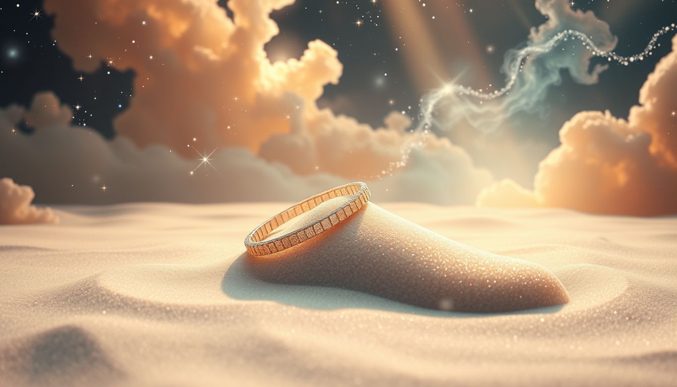 Een enkelband in het zand symboliseert vergankelijke vrijheid en verandering.