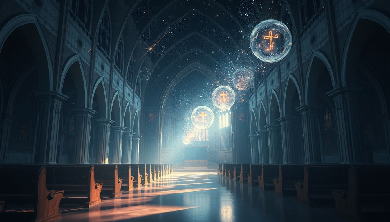 Een lege kerk in eerste communiedroom symboliseert spirituele leegte.