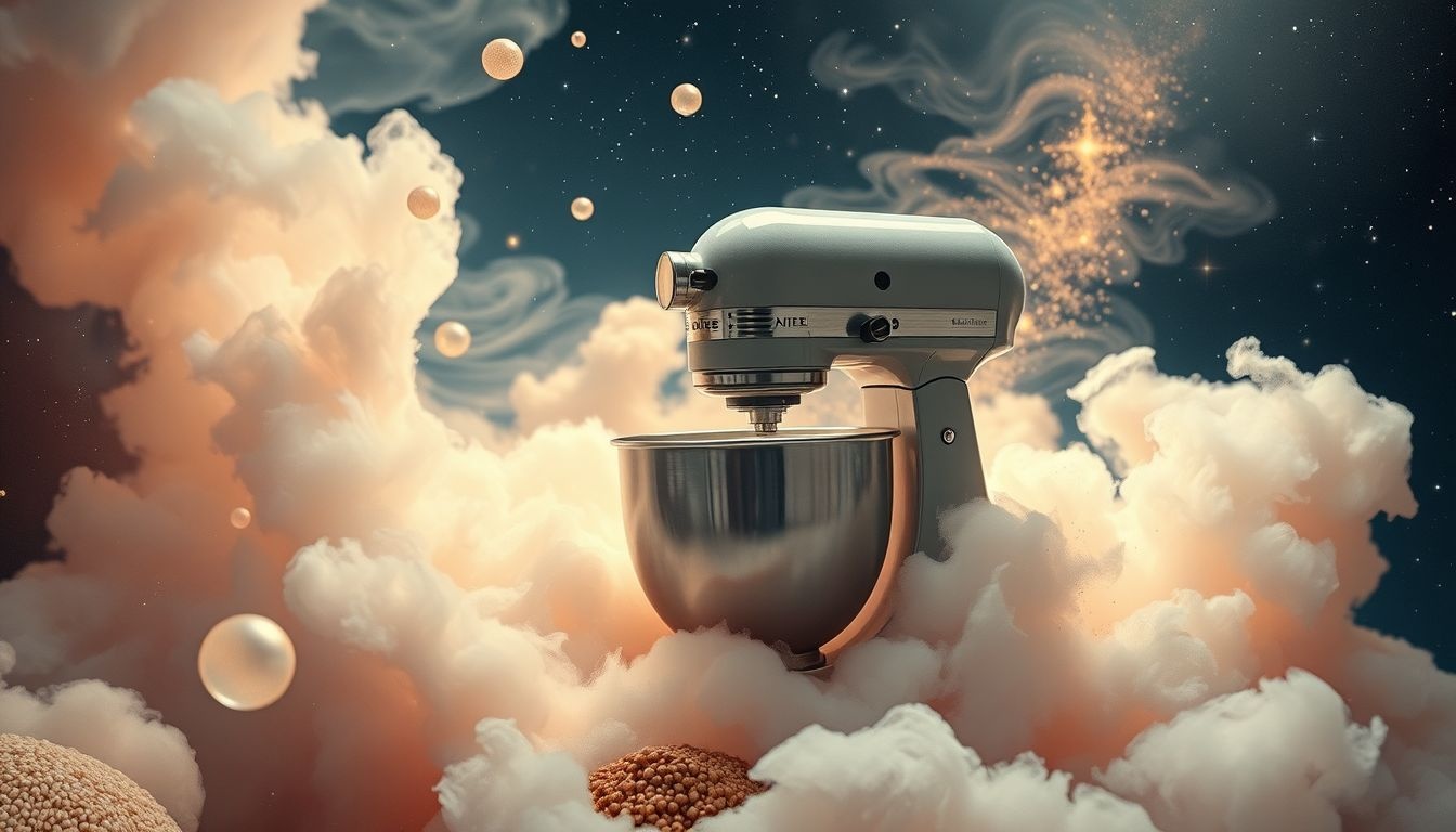 Dromen over een vintage mixer symboliseert nostalgie en creatieve energie.