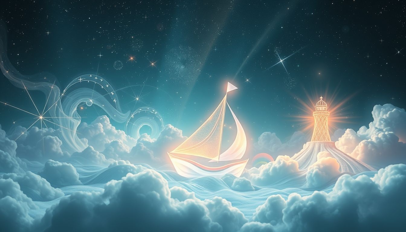 Dromen over zeilen en vuurtorens symboliseren richting en hoop.