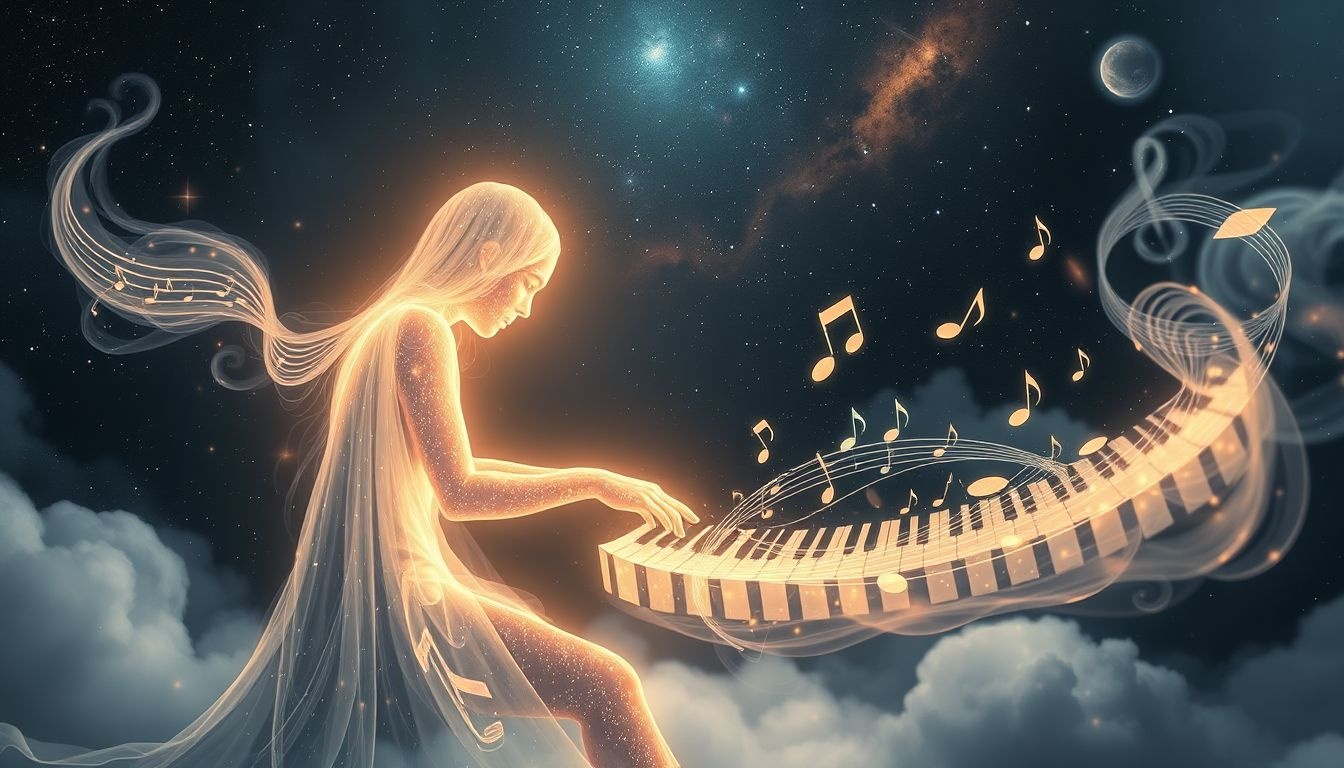 Droom over jezelf pianospelen symboliseert creativiteit en innerlijke harmonie.
