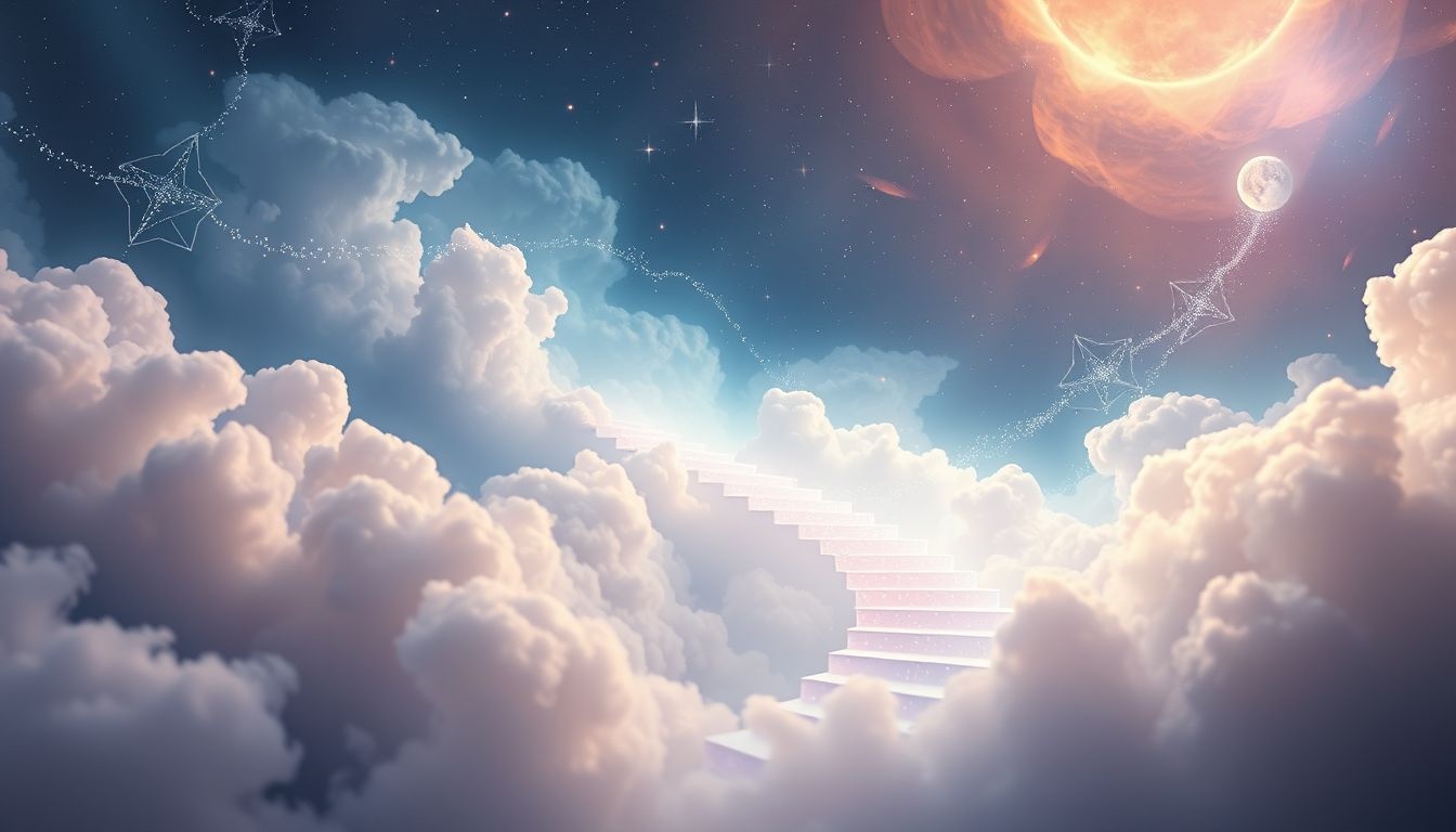 Een zwevende trap symboliseert spirituele groei zonder angst.