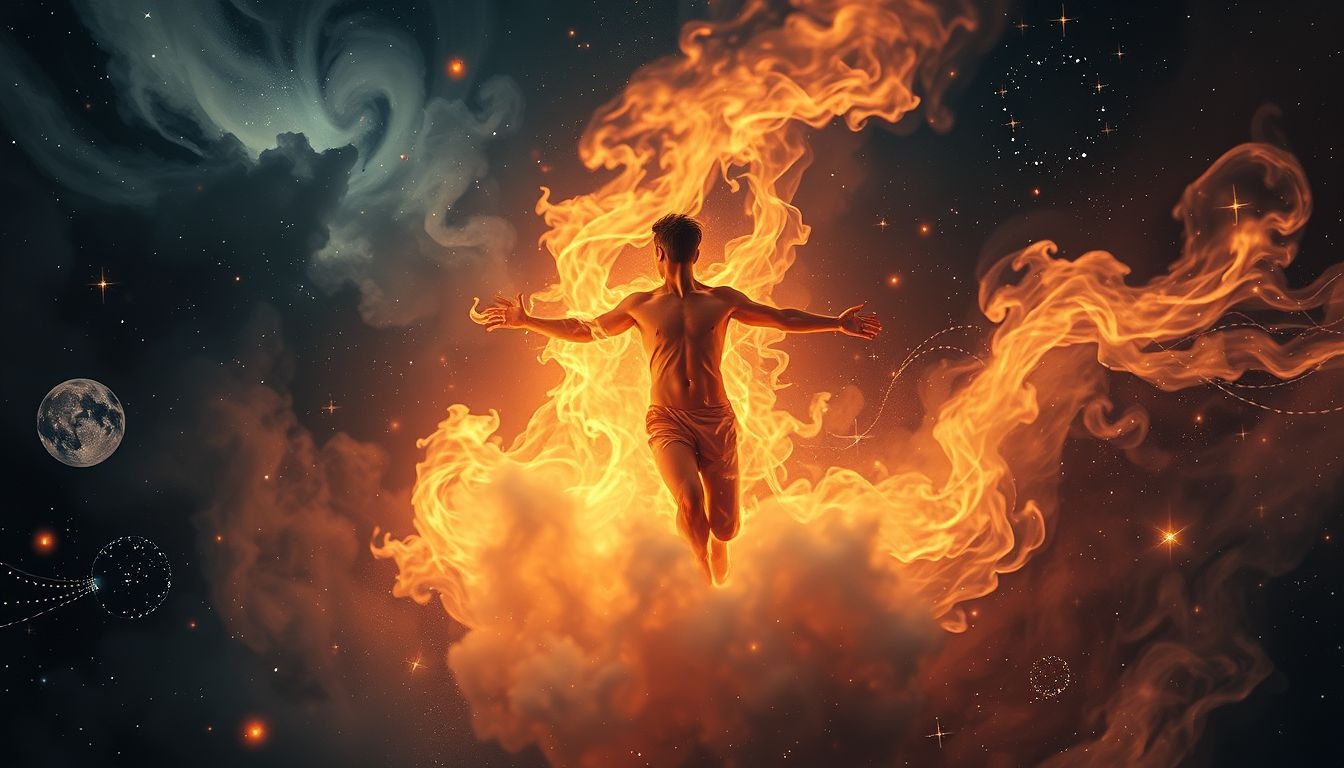Een brandende man zonder schreeuwen symboliseert innerlijke pijn en stilte.