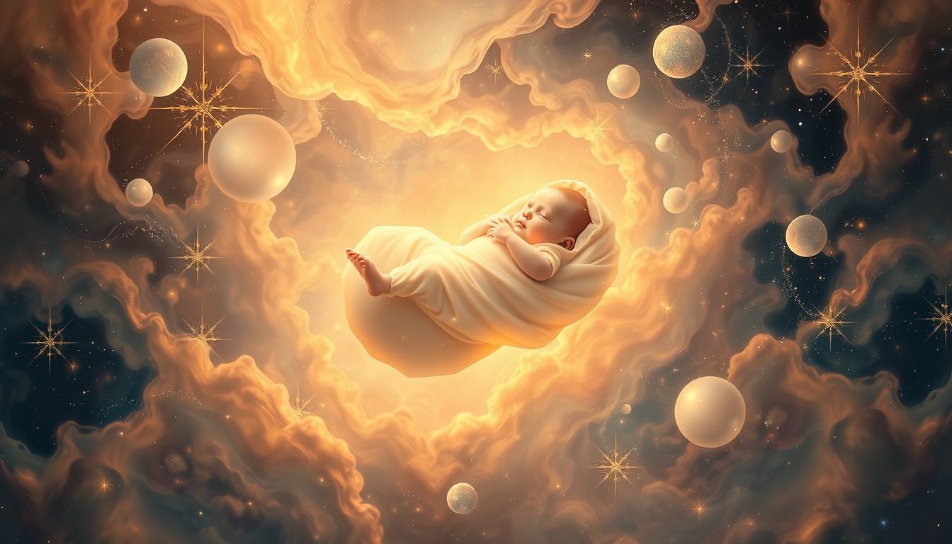 Een baby in babyslaapzak symboliseert bescherming te midden van chaos.