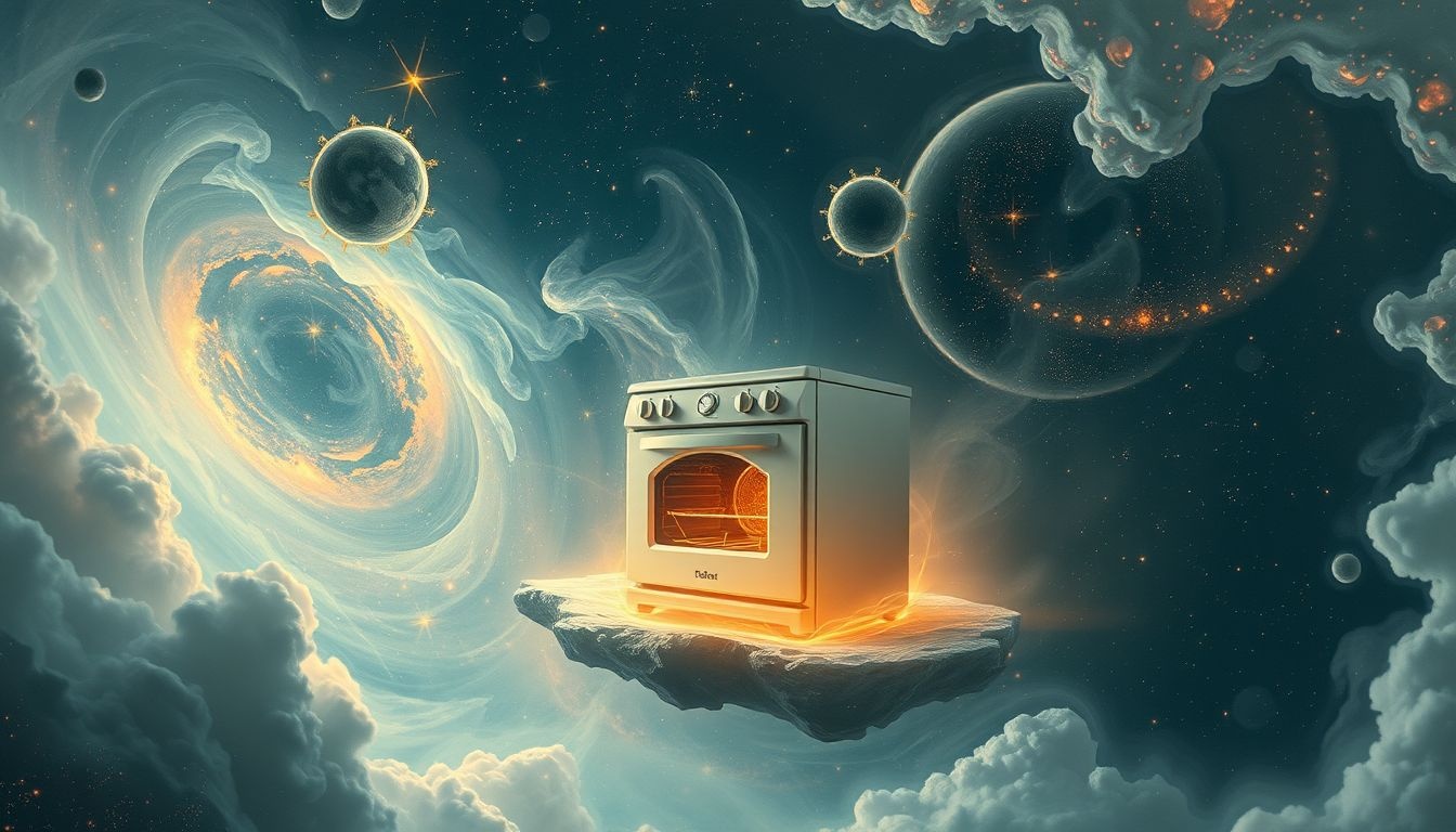 Een oven in vreemde omgeving symboliseert innerlijke transformatie en onzekerheid.