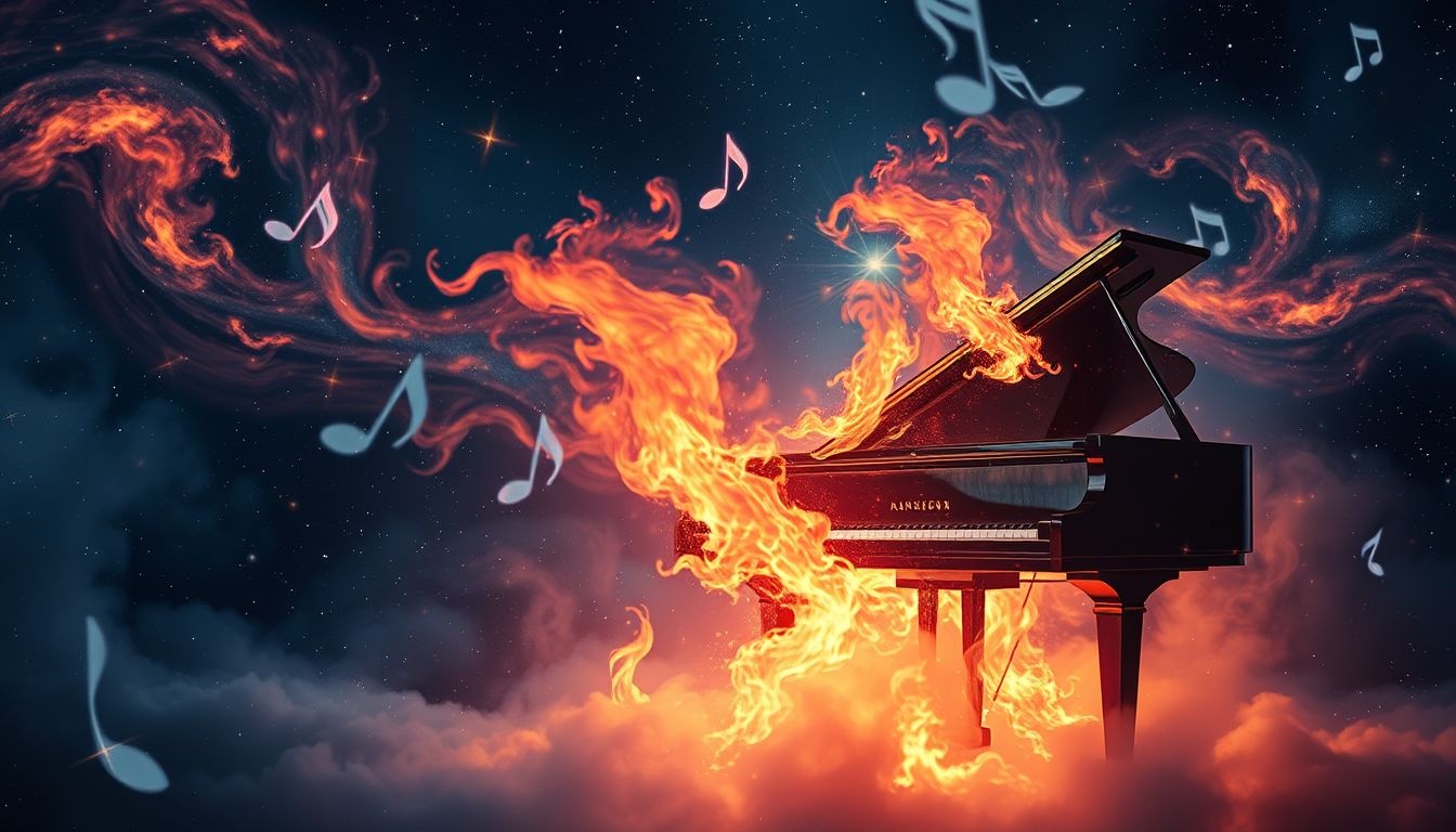 Een brandende piano symboliseert intense emoties en creatieve chaos.