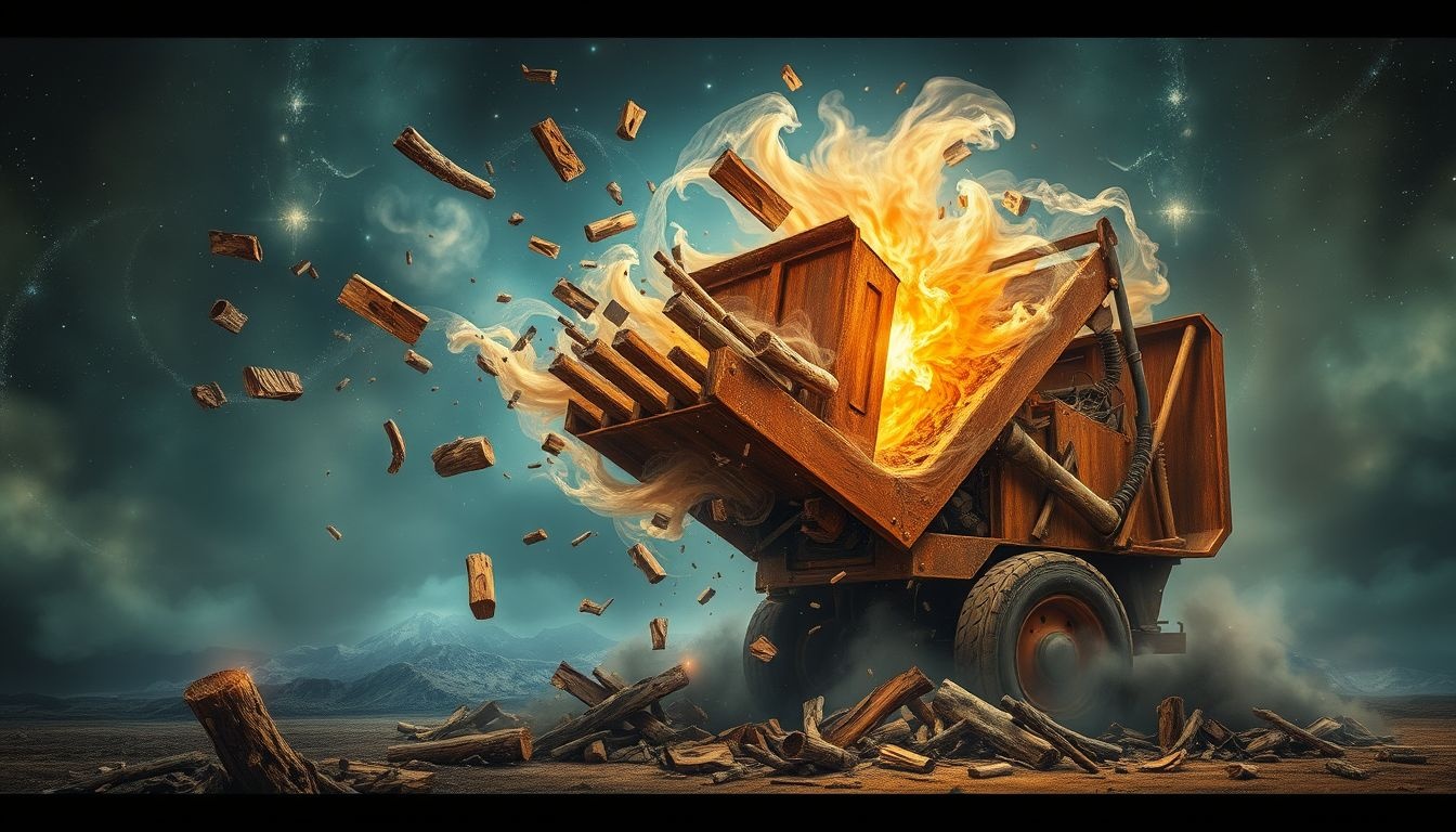 Droom over kapotte houtsnippermachine symboliseert innerlijke blokkades en frustratie.