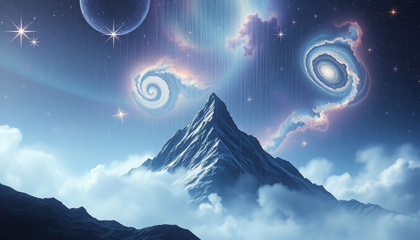 Een regenbui op een bergtop symboliseert emotionele reiniging en vernieuwing.