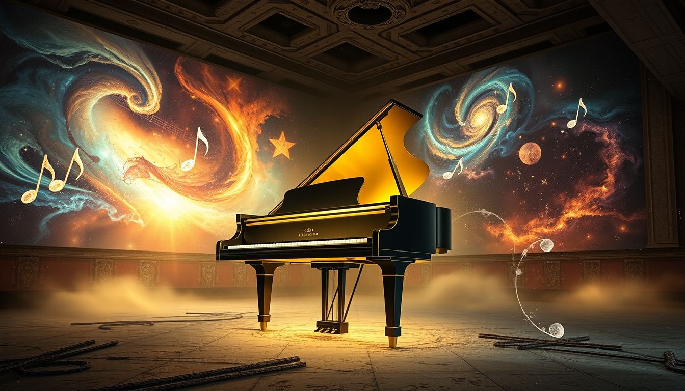 Een piano in verlaten ruimte symboliseert verborgen talent en eenzaamheid.