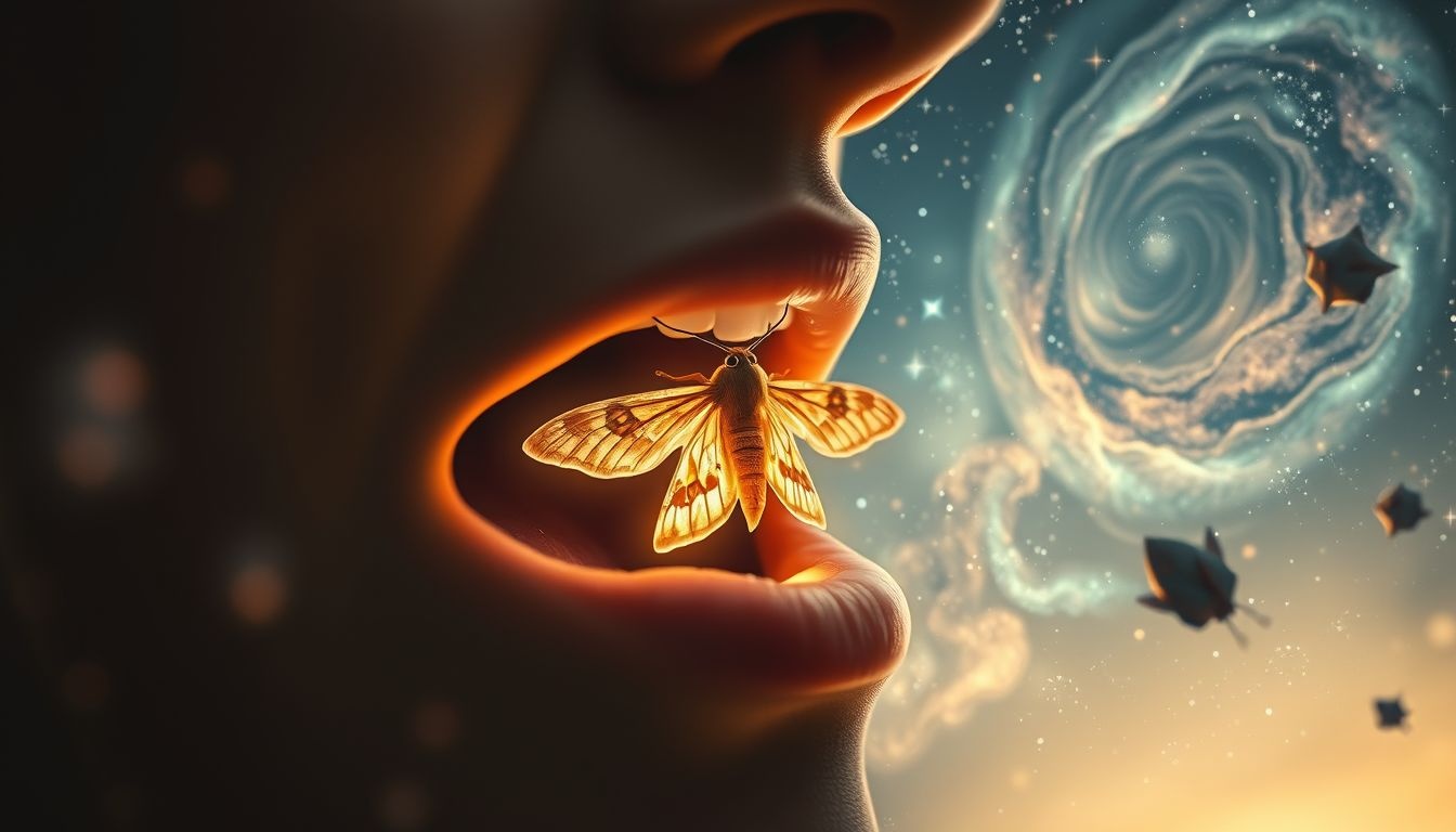 Een mot in je mond symboliseert verborgen waarheden die spreken.
