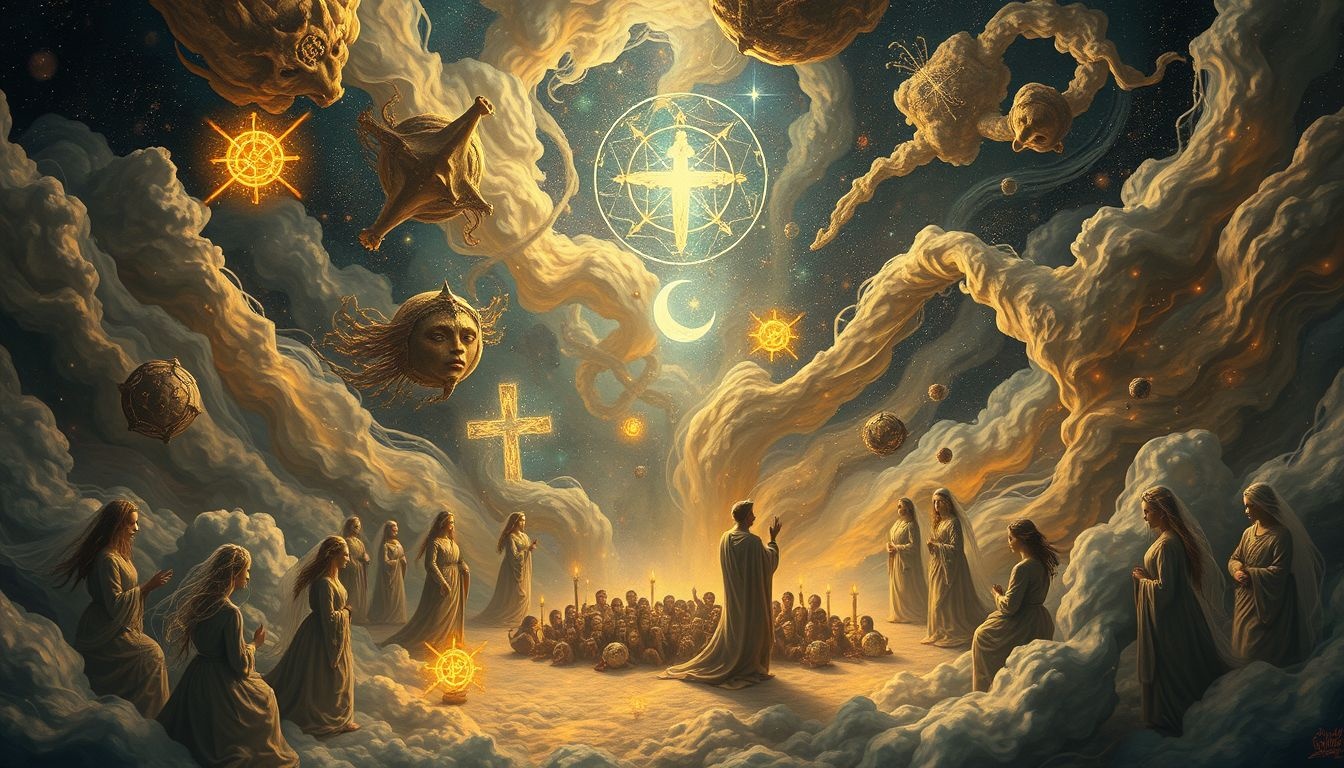 Een religieuze ceremonie die chaos wordt, symboliseert innerlijke conflicten.